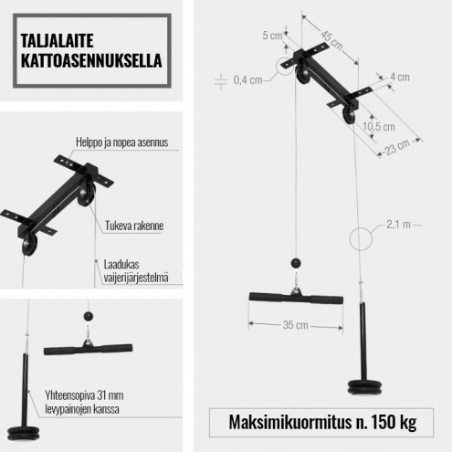 Taljalaite Kattoon Ø 30/31mm Levypainoille, Max. 150kg Musta