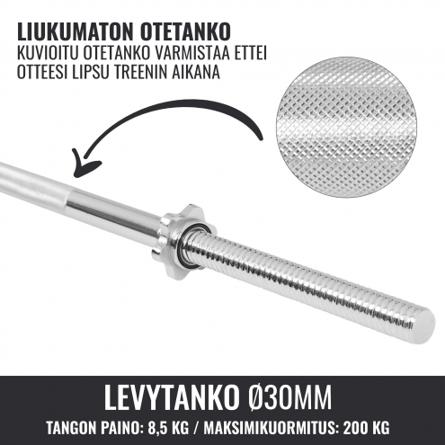 Suora Levytanko / Painonnostotanko Kierrelukoilla 150cm, Ø 30mm, 8.5kg Kromi