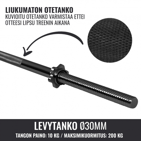 Suora Levytanko / Painonnostotanko Kierrelukoilla 170cm, Ø 30mm, 10kg Musta