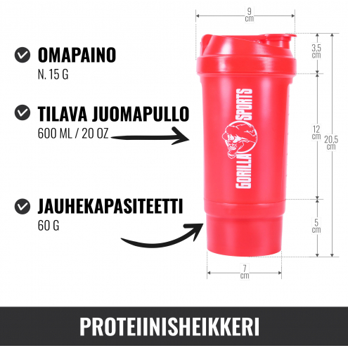 Gorilla Sports Shaker Lokerolla 500ml, 20.5x10cm, 100% BPA/DEHP-vapaa, Musta/Punainen