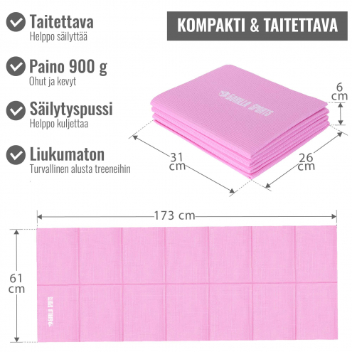Joogamatto 4mm Taitettava, Kantolaukku, Pinkki, 173x61cm
