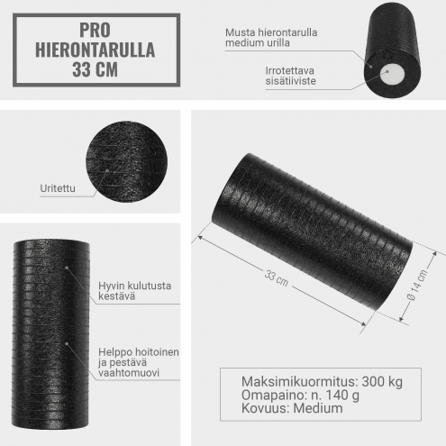Pilatesrulla PRO, Hierontarulla, Musta, 33x14cm