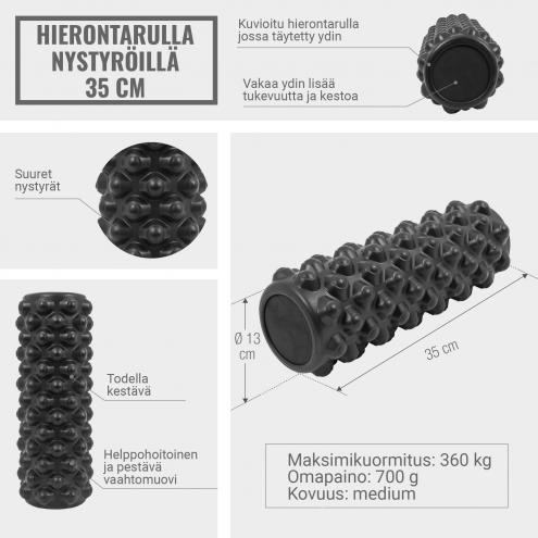 Foam Roller PRO, Hierontarulla Musta, 35x13cm