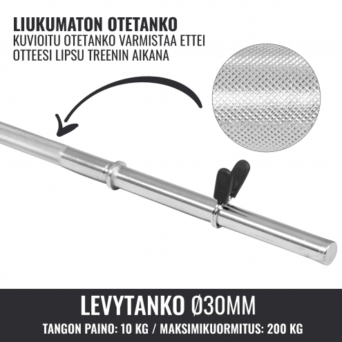 OUTLET! Suora Levytanko / Painonnostotanko Jousilukoilla 170cm, Ø 30mm, 10kg Kromi