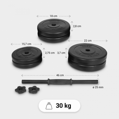 OUTLET! E-Sarja Säädettävä Käsipainosarja 30kg Kierrelukoilla 45cm, Ø 25mm Musta 2kpl