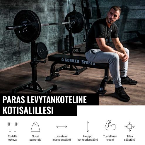 Säädettävät Kyykkytelineet Turvaraudoilla + Vinyylinen Ø 30mm Levytankosarja 100kg