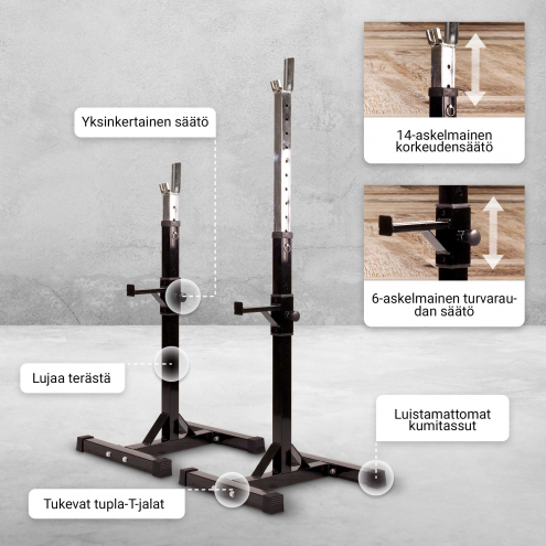 Säädettävät Kyykkytelineet Turvaraudoilla + Vinyylinen Ø 30mm Levytankosarja 100kg