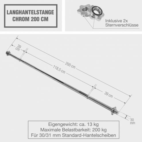 OUTLET! Suora Levytanko / Painonnostotanko Kierrelukoilla 200cm, Ø 30mm, 13kg Kromi