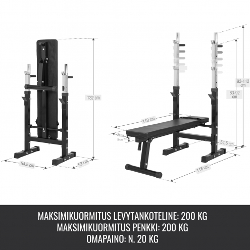 OUTLET! LUE TUOTETIEDOT! Säädettävä Punnerruspenkki Dippikahvoilla 118x54,5x92-112cm Max. 200kg Musta