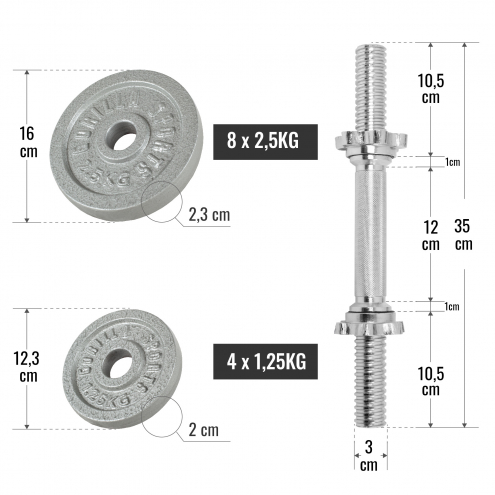 Valurautaiset Säädettävät Käsipainot 30kg Kierrelukoilla 35cm, Ø 30/31mm 2kpl