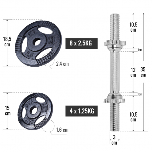 Valurautainen Tri Grip Käsipainosetti 30 kg Kierrelukoilla 35cm, Ø 30/31mm Musta 2kpl