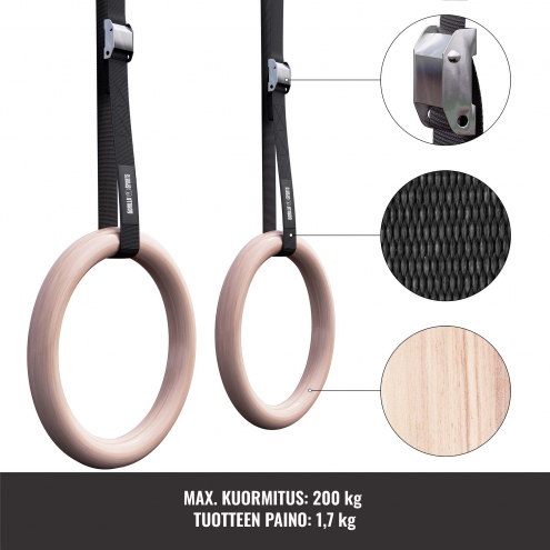 OUTLET! Puiset Voimistelurenkaat Ø 23cm, 450cm, Max. 200kg Puu/Nailon