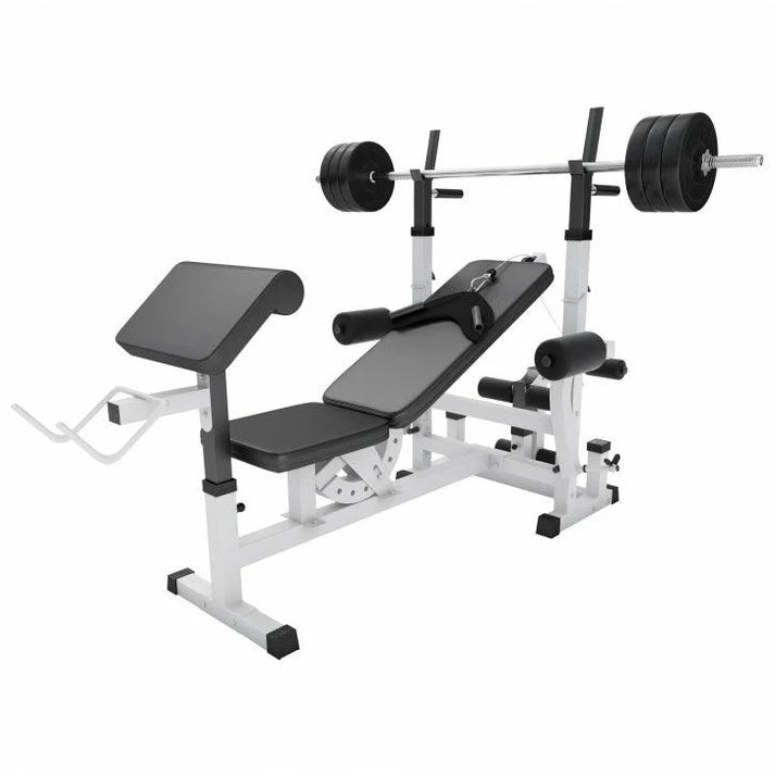 Säädettävä painonnostopenkki + 100 kg levytankosetti, valkoinen