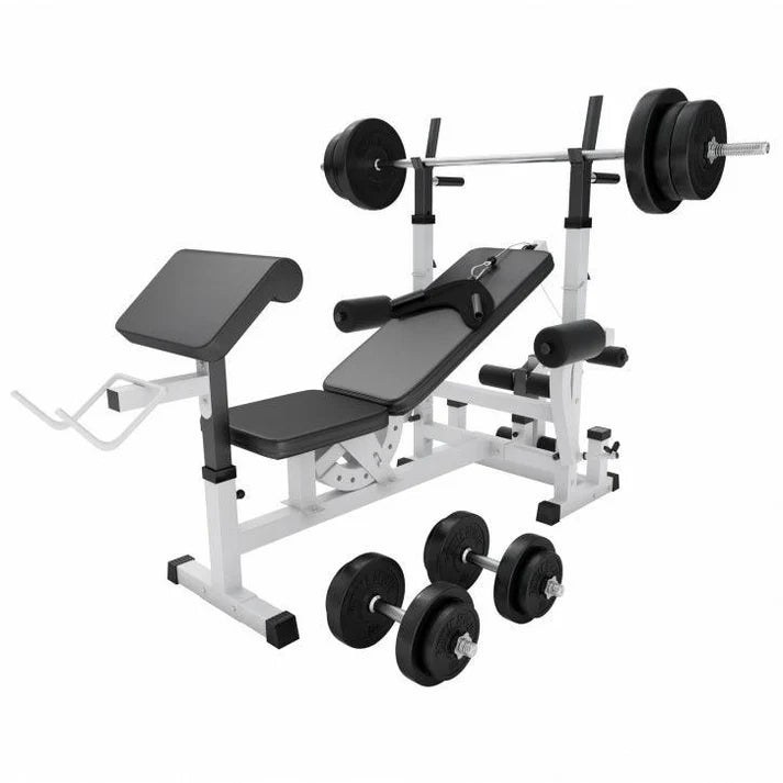 Säädettävä painonnostopenkki + 100 kg levytankosetti, valkoinen