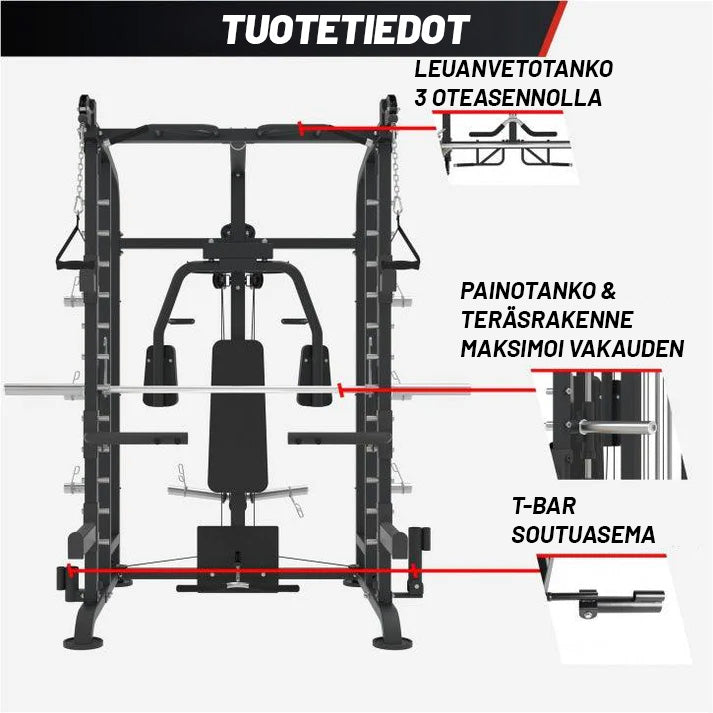 Monipuolinen SMITH-Laite / Kuntokeskus 206x204x218cm, Ø 50/51mm Levypainoille, Max. 300kg