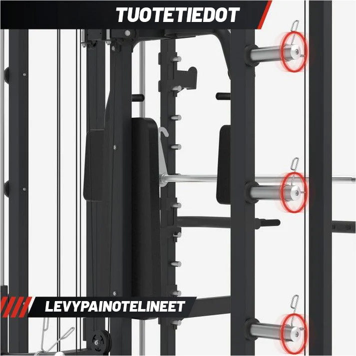 Monipuolinen SMITH-Laite / Kuntokeskus 206x204x218cm, Ø 50/51mm Levypainoille, Max. 300kg