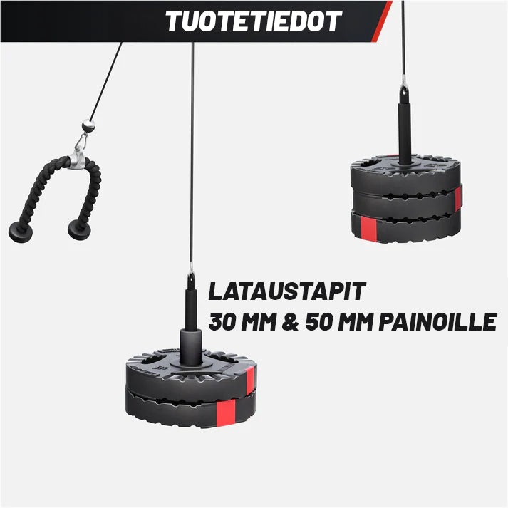Taljasetti Kotiin Ojentajaköydellä, Levypainokuormitteinen, Ripustettava, Max 150 kg