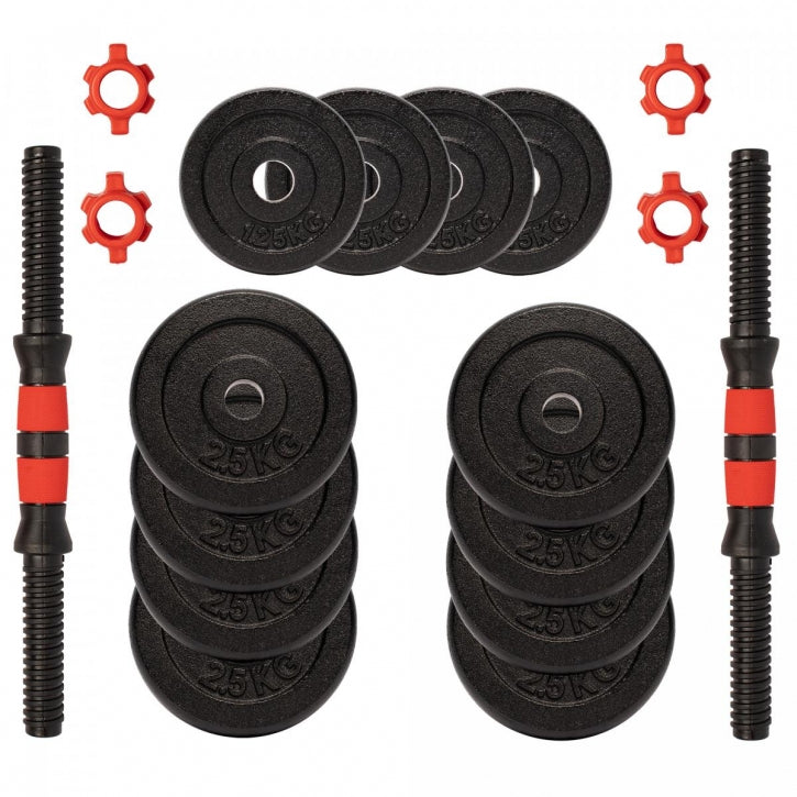 Valurautainen Käsipainosetti 25kg Kierrelukoilla 35.5cm, Ø 25mm Musta/Punainen 2kpl