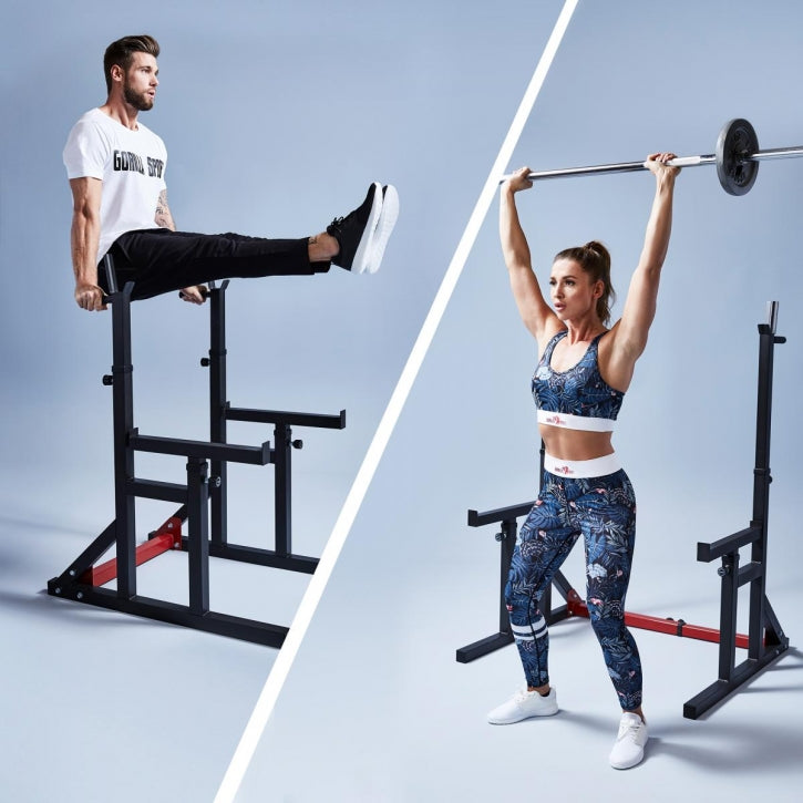 Kyykkyteline / Squat Rack Kotisalille – Säädettävä, Varmistusraudat & Dippikahvat 300 kg Musta/Punainen