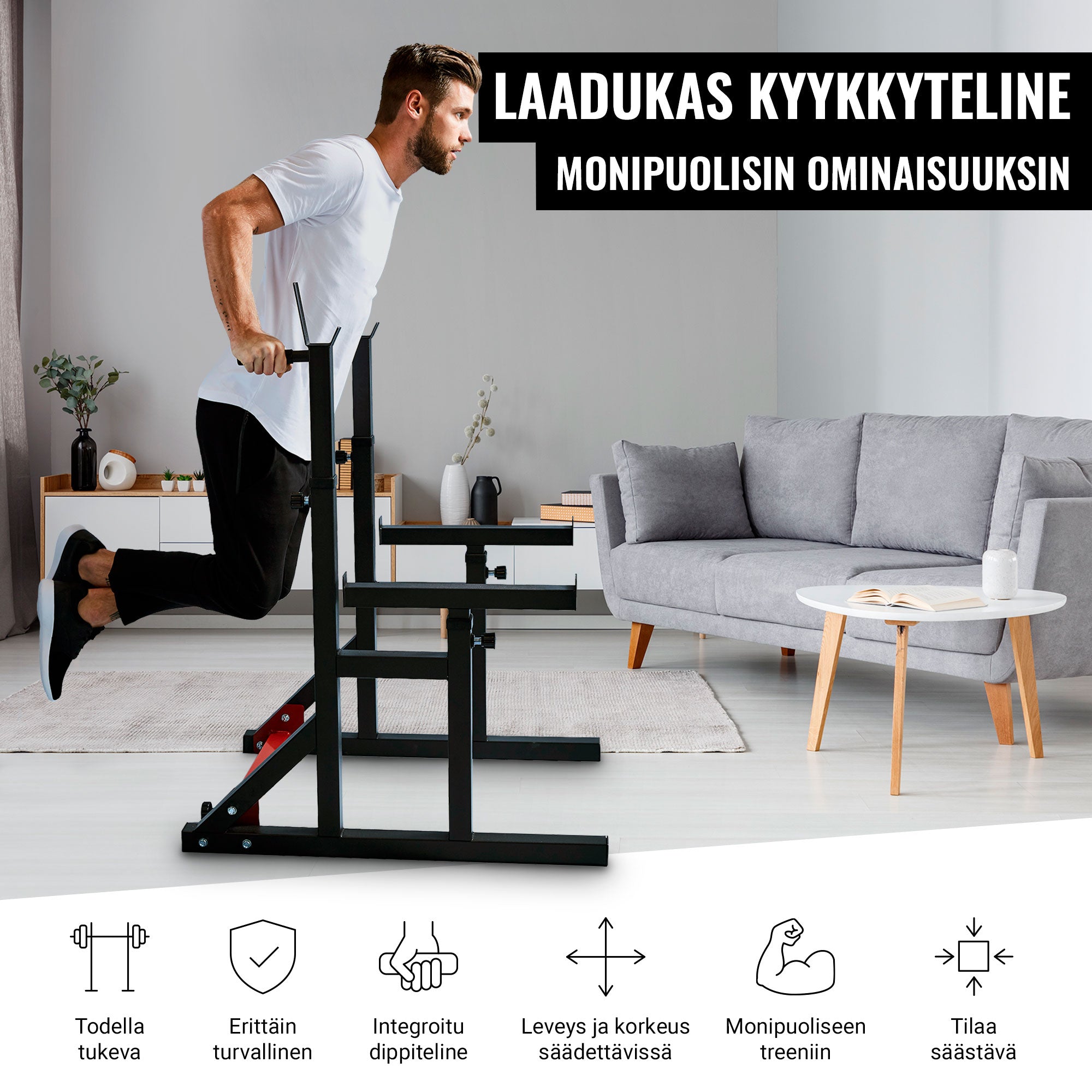 Kyykkyteline / Squat Rack Kotisalille – Säädettävä, Varmistusraudat & Dippikahvat 300 kg Musta/Punainen
