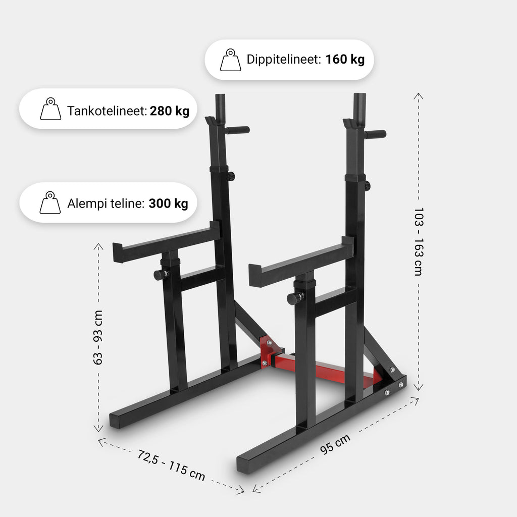 Kyykkyteline / Squat Rack Kotisalille – Säädettävä, Varmistusraudat & Dippikahvat 300 kg Musta/Punainen