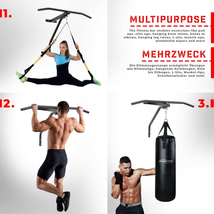 Physionics nyrkkeilysäkin seinäteline leuanvetotangolla