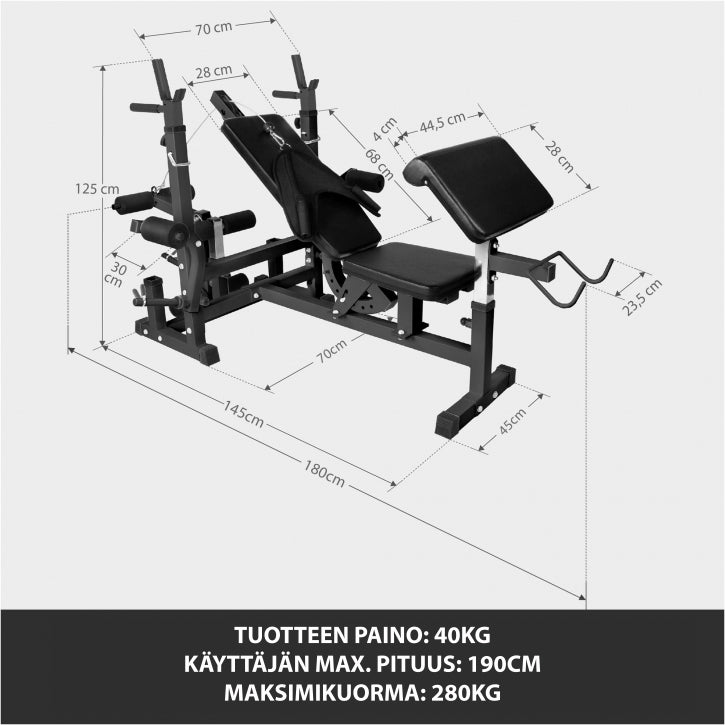 Säädettävä Monitoimipenkki / Painonnostopenkki Ø 30/31mm Levypainoille Max. 280kg Black Edition