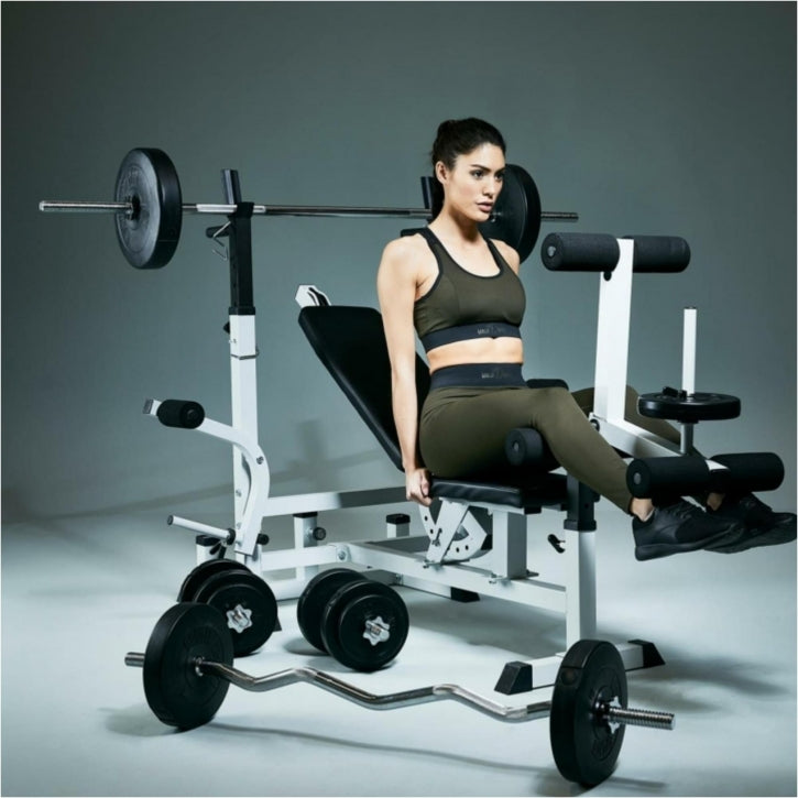 Säädettävä Monitoimipenkki / Painonnostopenkki Ø 30/31mm Levypainoille Max. 280kg Valkoinen