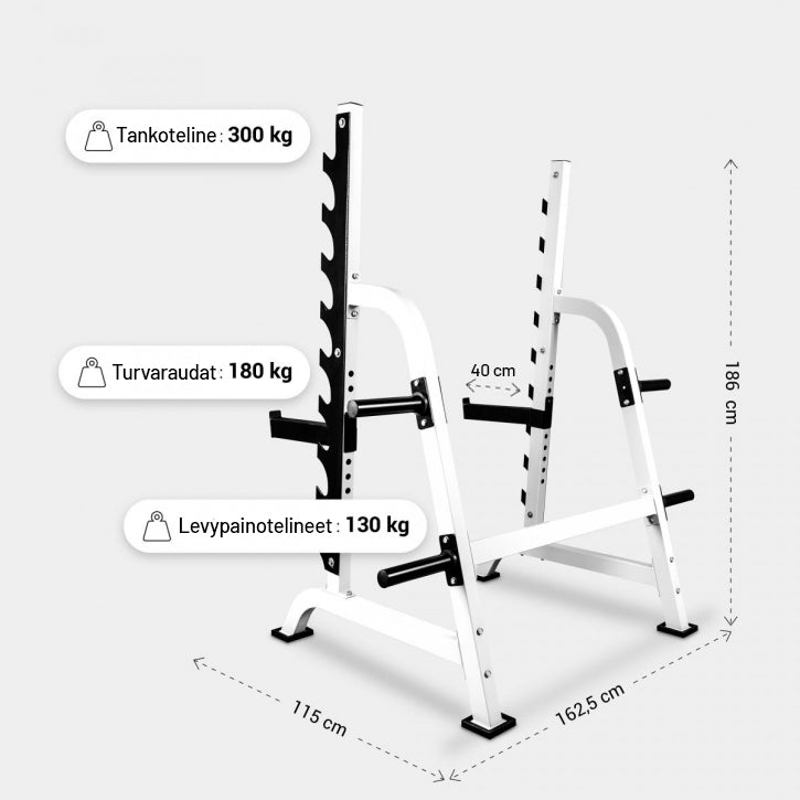 Squat Rack / Kyykkyräkki Musta – 9 Tangon Korkeutta, Turvaraudat ja Levypainotelineet