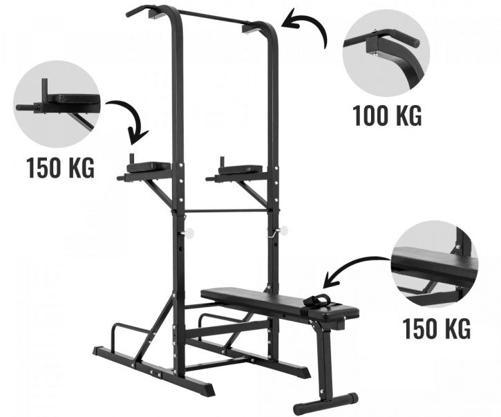 Monipuolinen Power Tower / Voimatorni Penkillä  203x74x222cm Musta