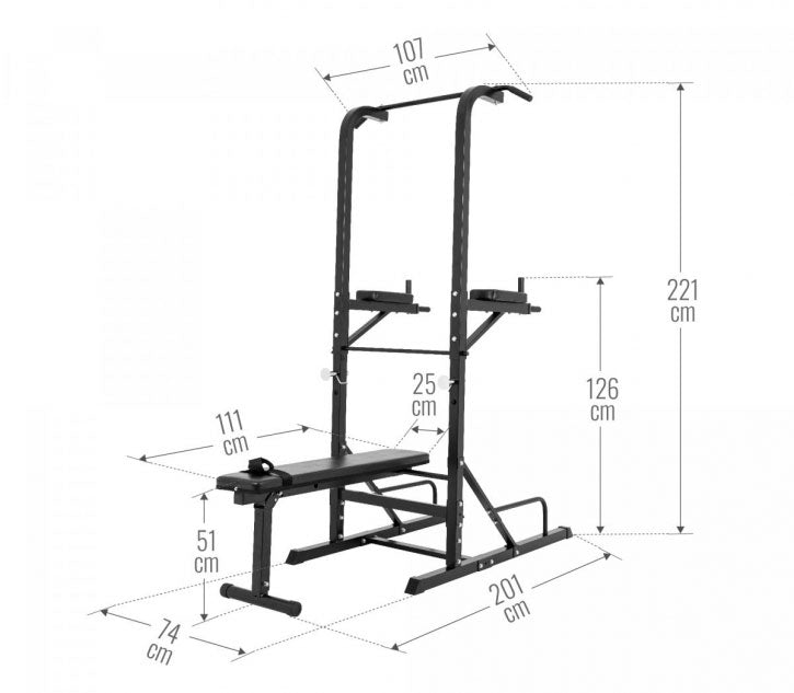 Monipuolinen Power Tower / Voimatorni Penkillä  203x74x222cm Musta