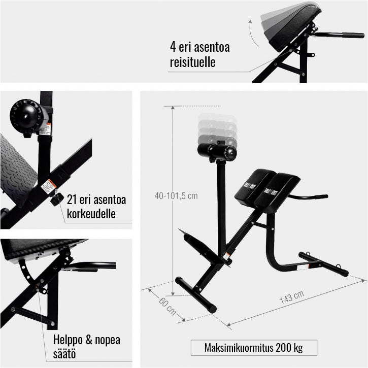 Säädettävä Selkälihaslaite / Selkäpenkki Jalka- Ja Reisituella 143x60x101,5cm Musta