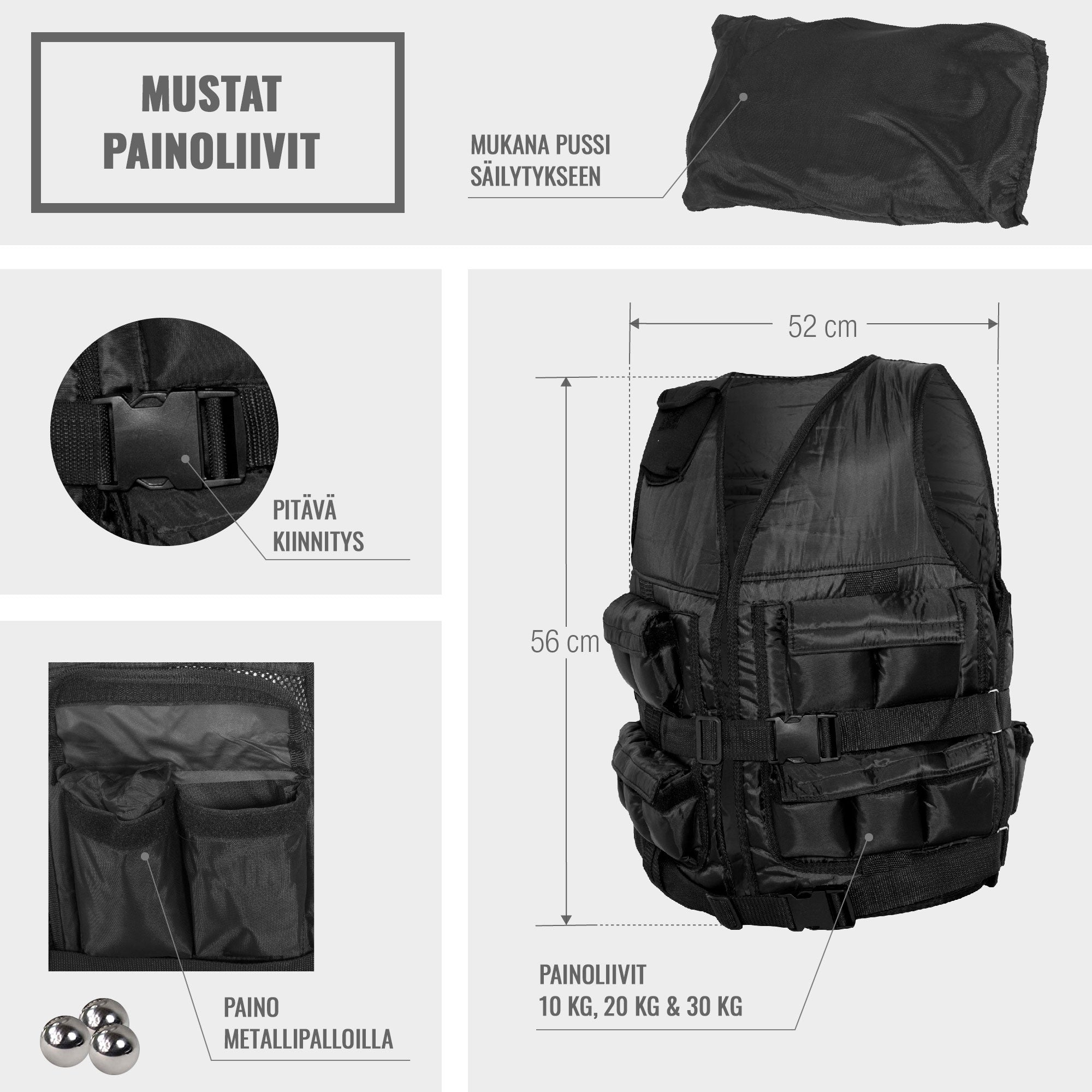 Painoliivi 10kg Säädettävä Paino 56x52cm Neopreeni/Nailon Musta