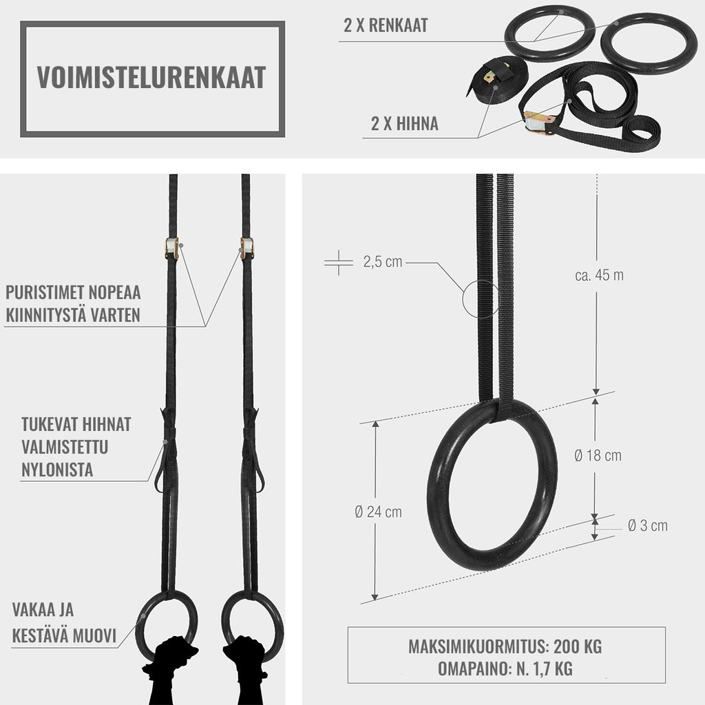Mustat Voimistelurenkaat Ø 23cm, 450cm, Max. 200kg Puu/Nailon