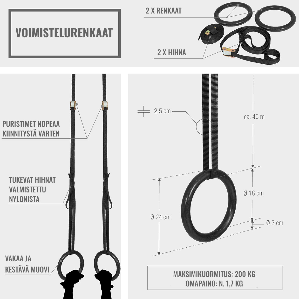 Mustat Voimistelurenkaat Ø 23cm, 450cm, Max. 200kg Puu/Nailon