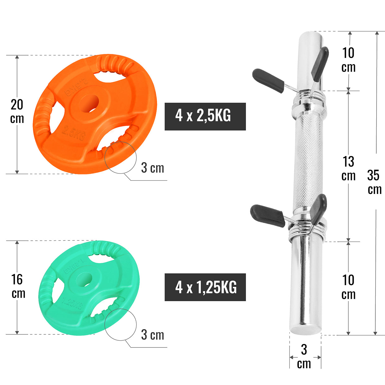 Olympia Säädettävät Käsipainot 30kg Jousilukoilla 35cm, Ø 30/31mm 2kpl