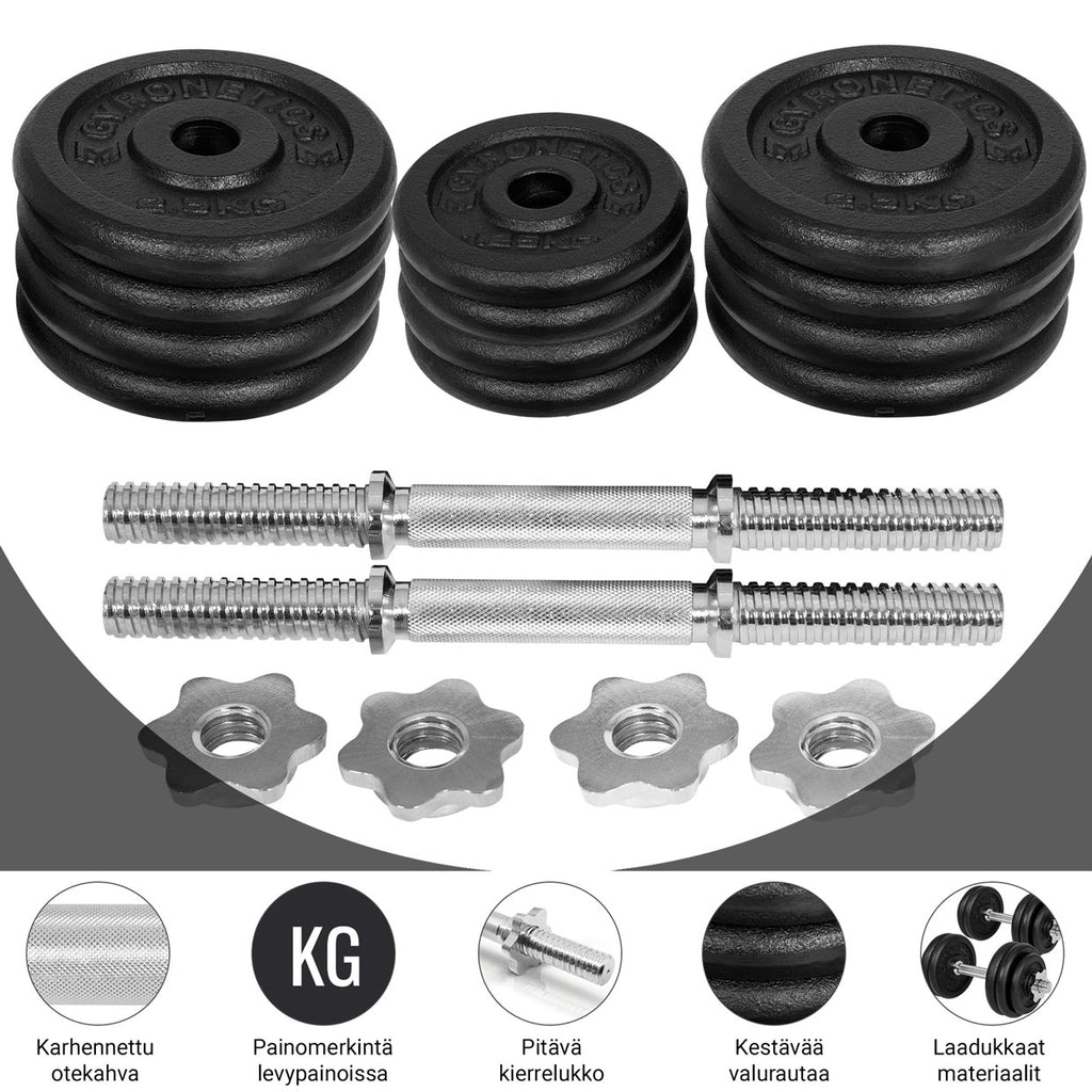 E-Sarja Valurautainen Käsipainosetti 30kg Kierrelukoilla 43cm, Ø 25mm 2kpl