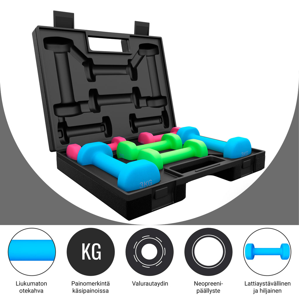 Aerobic / Neopreeni Käsipainosetti 12kg Valurautaydin + Säilytyskotelo Musta