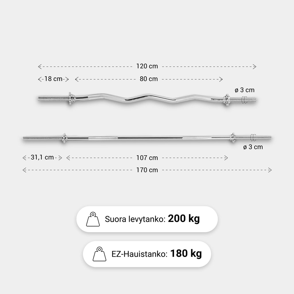 EZ Kulmatanko 120cm, 8kg + Suora Levytanko 170cm, 10kg Kierrelukoilla Ø 30mm, Kromi