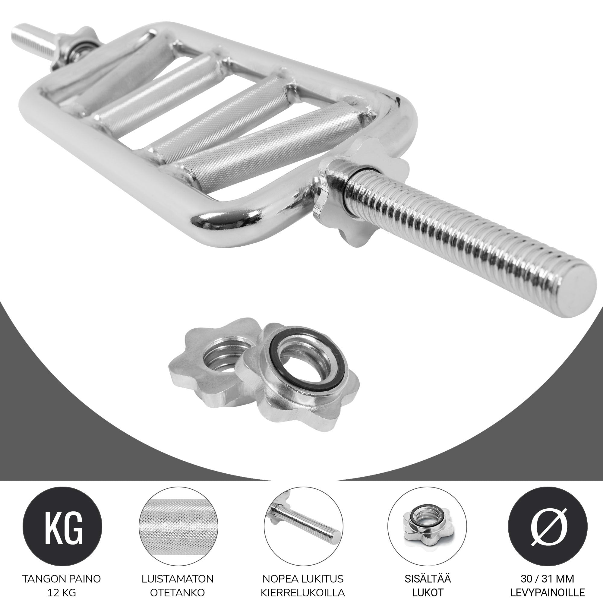 Ojentajatanko Viisto-ote / Swiss Bar Kierrelukoilla 86,5x18cm, Ø 30mm, 10kg Kromi