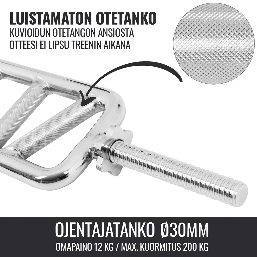 Ojentajatanko Viisto-ote / Swiss Bar Kierrelukoilla 86,5x18cm, Ø 30mm, 10kg Kromi