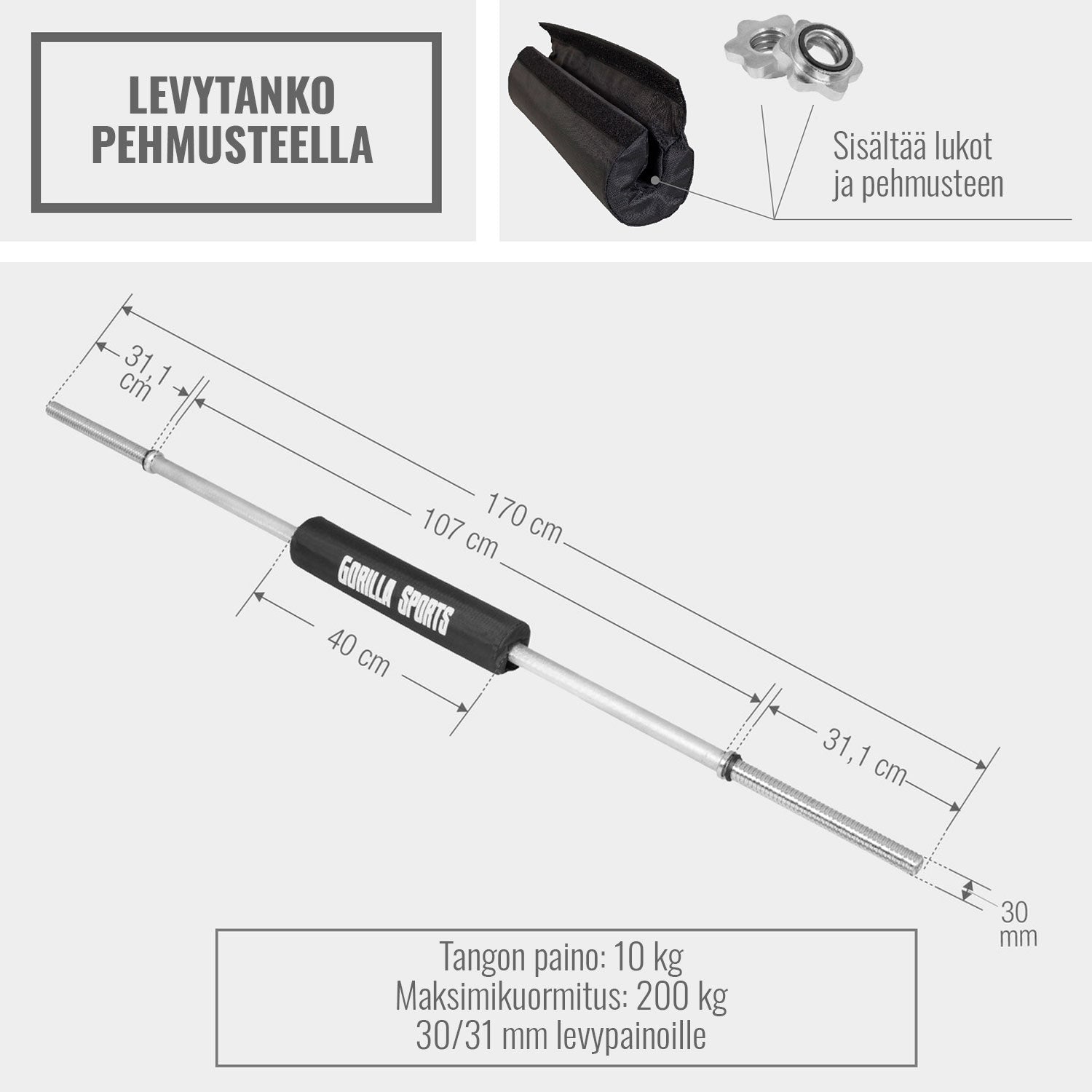 Pehmuste 40cm + Suora Levytanko Kierrelukoilla 170cm, Ø 30mm, 10kg Kromi