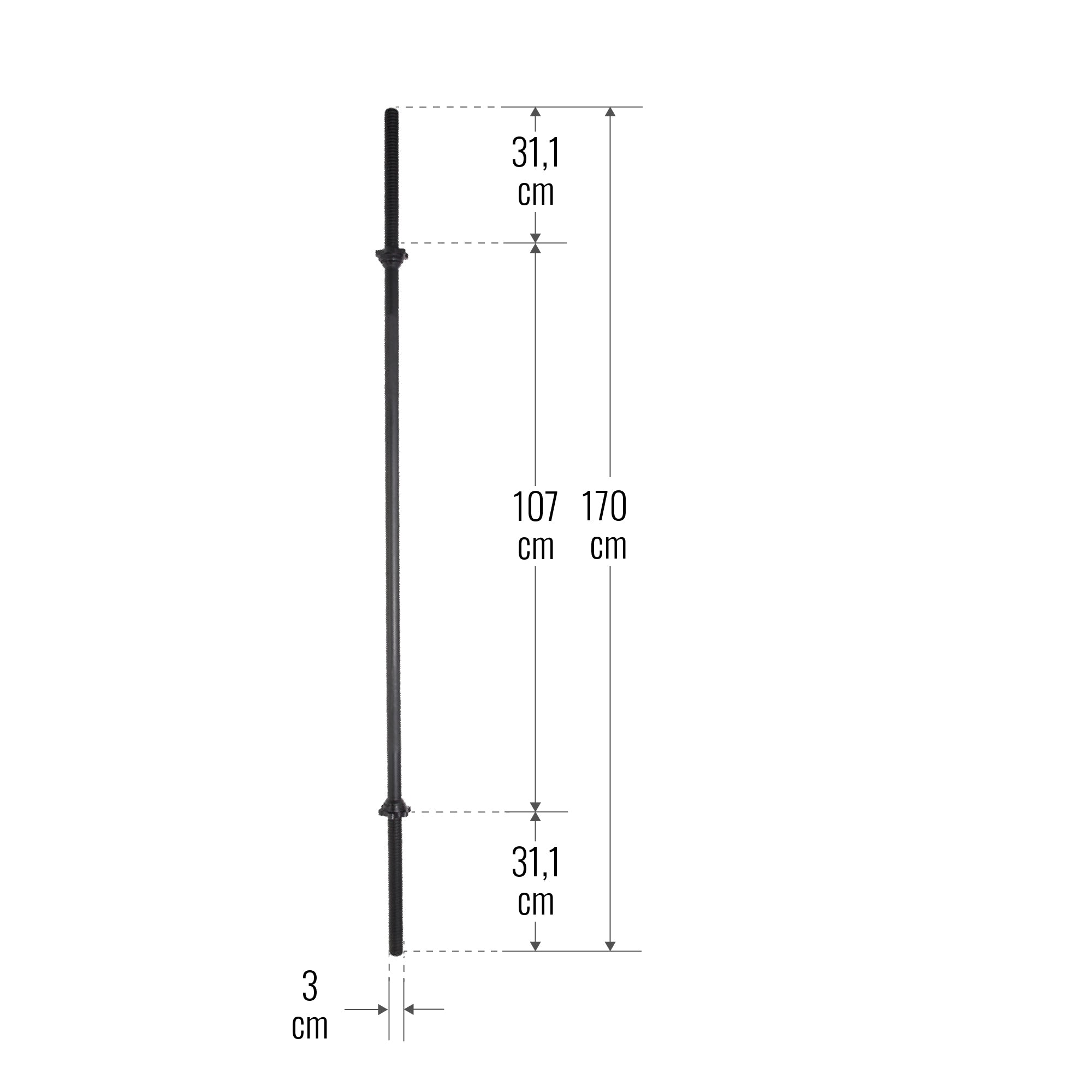 Suora Levytanko / Painonnostotanko Kierrelukoilla 170cm, Ø 30mm, 10kg Musta