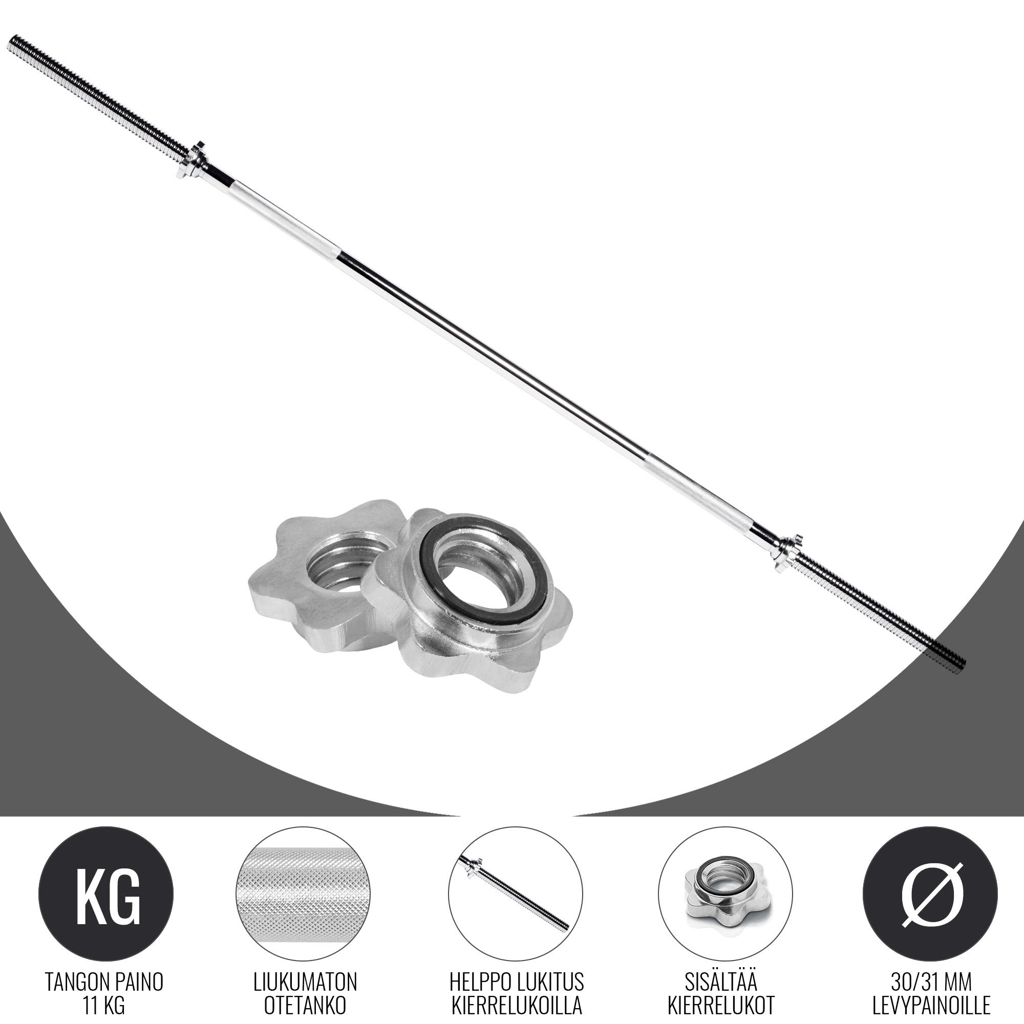 Suora Levytanko / Painonnostotanko Kierrelukoilla 180cm, Ø 30mm, 11kg Kromi