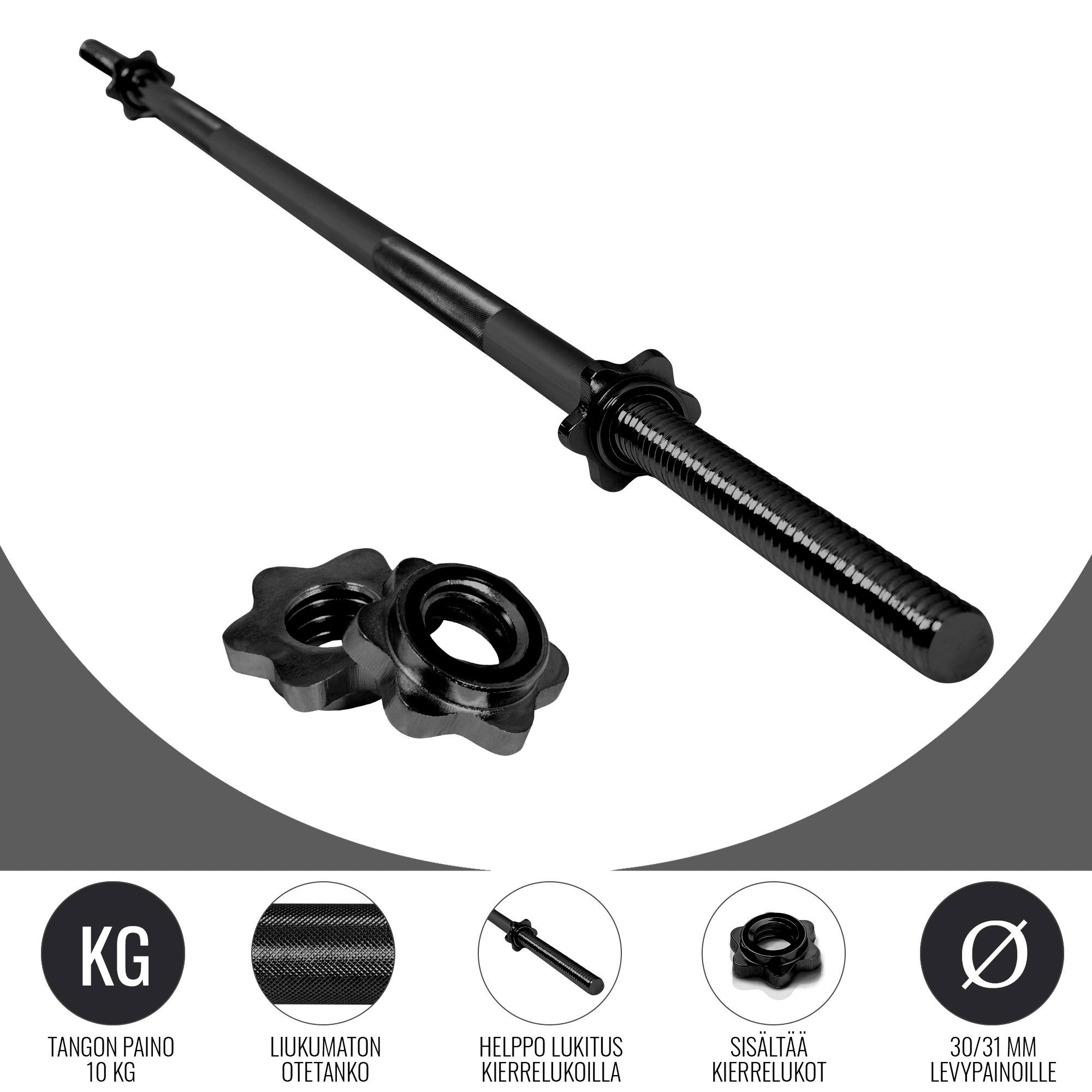 Suora Levytanko / Painonnostotanko Kierrelukoilla 170cm, Ø 30mm, 10kg Musta