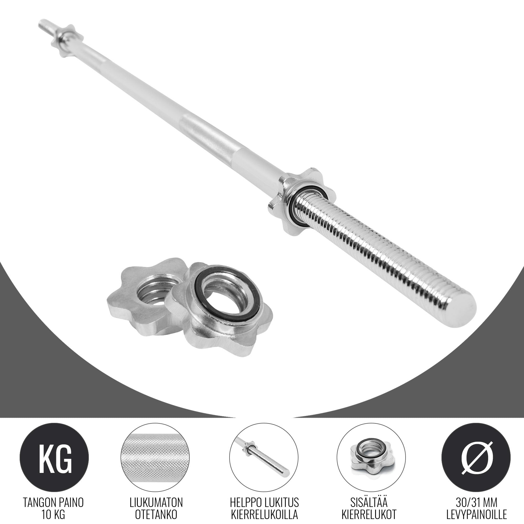 Suora Levytanko / Painonnostotanko Kierrelukoilla 170cm, Ø 30mm, 10kg Kromi