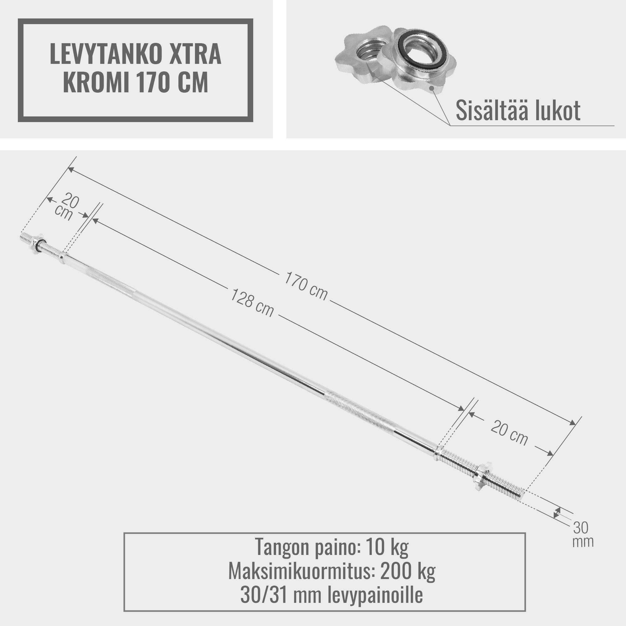 Suora Levytanko Leveä Oteleveys Kierrelukoilla 170cm, Ø 30mm, 10kg Kromi