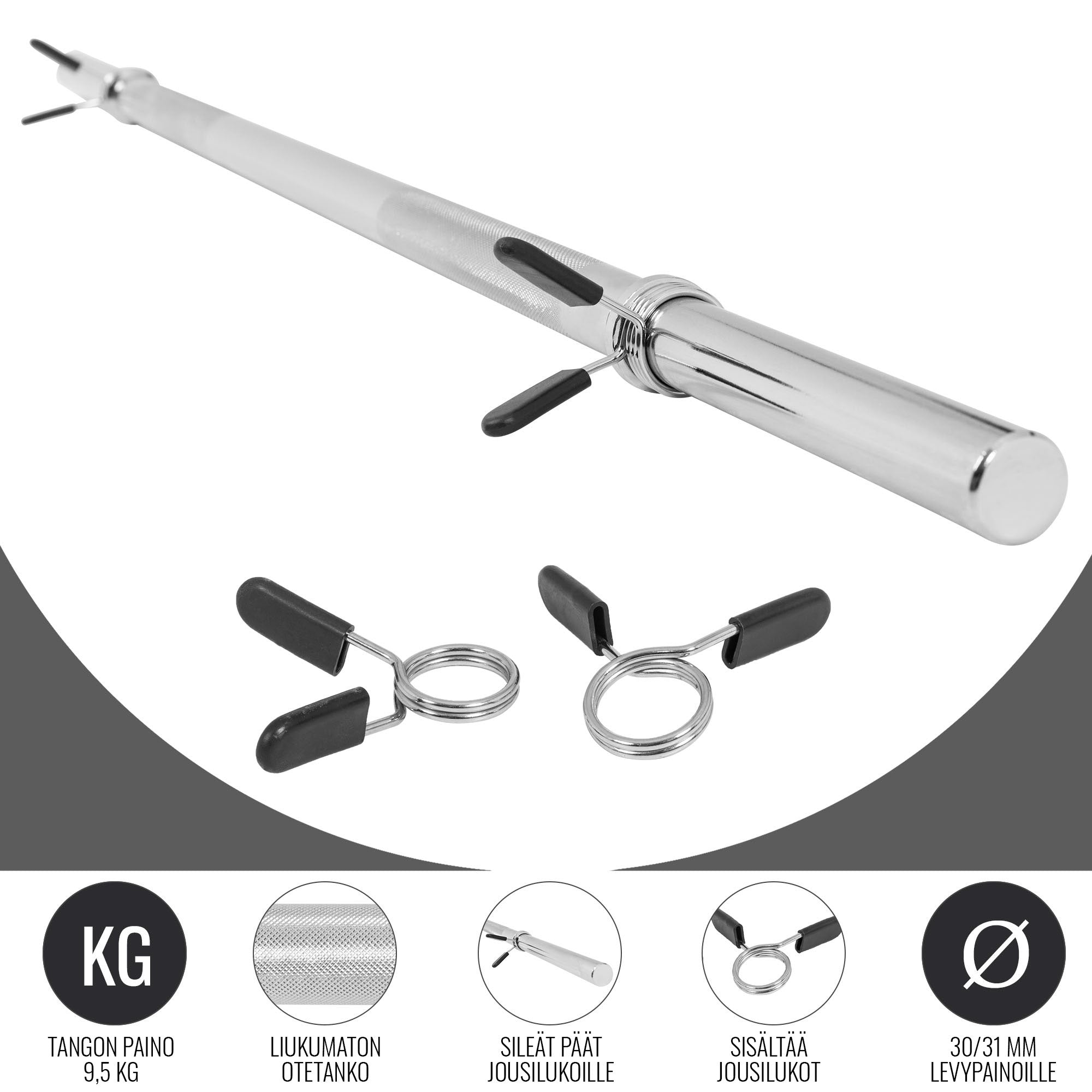 Suora Levytanko / Painonnostotanko Jousilukoilla 150cm, Ø 30mm, 9.5kg Kromi