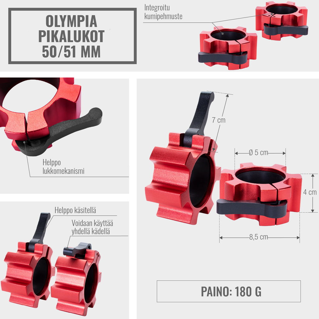 Pikalukot Ø 50/51mm Levytangoille Kumipinnoitteella Alumiini, 5 Eri Väriä 2kpl