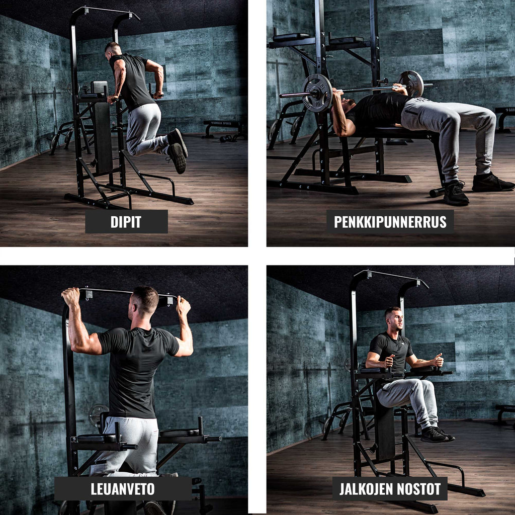 Monipuolinen Power Tower / Voimatorni Penkillä  203x74x222cm Musta